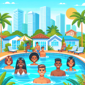 Vantagens da piscina de fibra destacadas em um ambiente de lazer moderno e acolhedor.